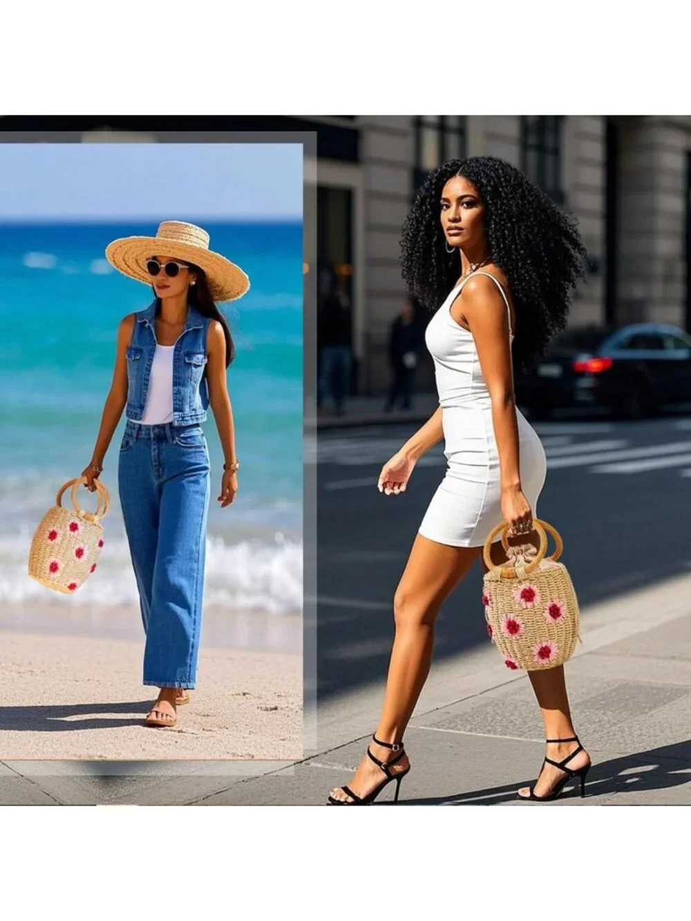 Chic Woven Straw Tote Bag with Flower Pearls & Diamonds - Summer Beach Essential